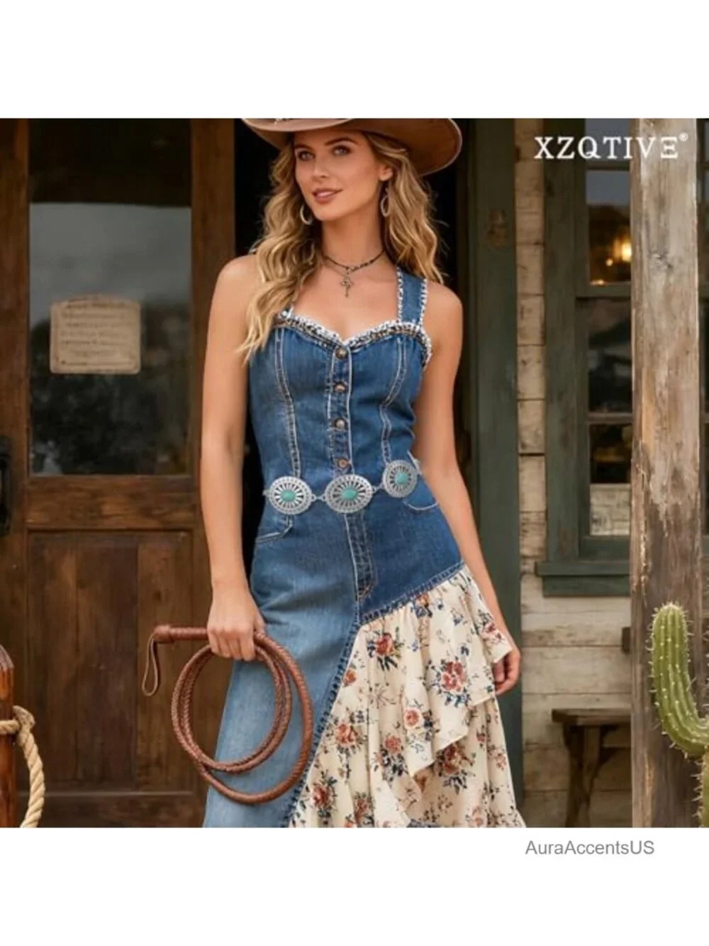 Western Concho Chain Belt Adjustable Metal Waist Belt for Dresses Jeans Country